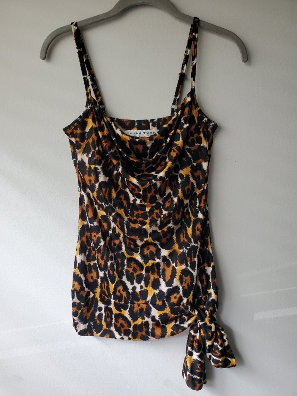 NEW Trina Turk 100% Silk Jersey Leopard Print Drape Top Petite